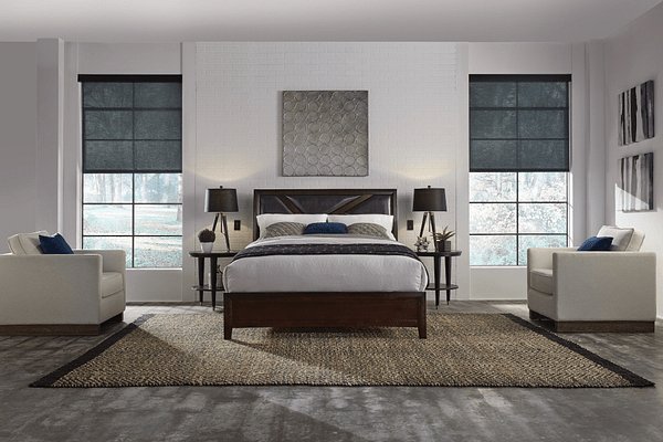 A bedroom full of Lutron motorized shades and electronics in charlotte nc